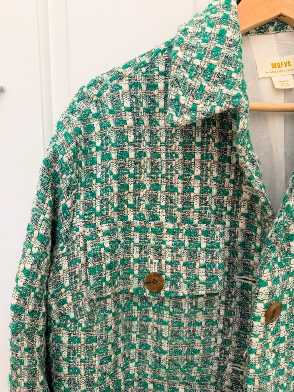Maeve by Anthropologie Green Tweed Button-Front Jacket with Brown Buttons - Picture 2 of 7
